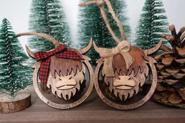 Faire-Honey Glow Designs christmas ornaments Highland Cow Ornament - Mooooey Christmas Cow Ornament - Wooden Farmhouse Ornament